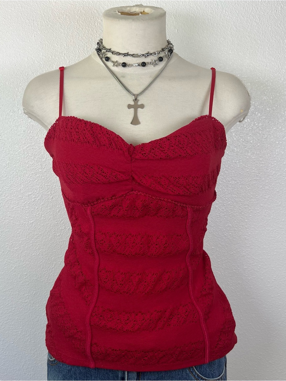 Y2K Red Lace Ruched Cami Top - Women